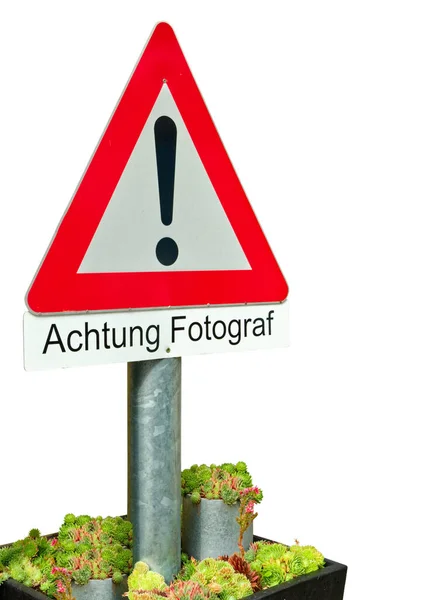 Büyük Bir Saksıda Uyarı Işareti Fotoğrafçı Achtung Fotoğrafçı — Stok fotoğraf