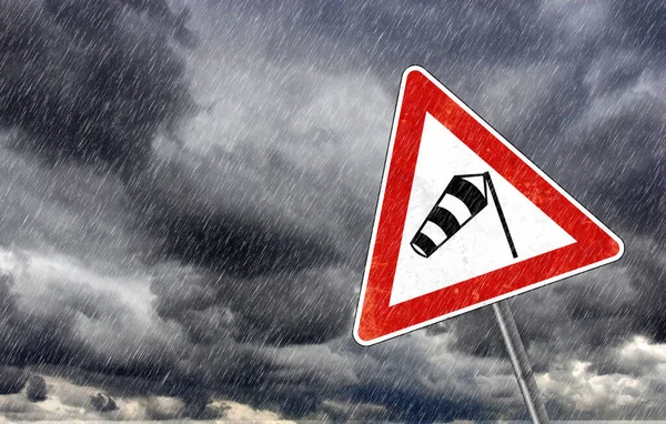 Zły Znak Ostrzegawczy Pogody Ostrzeżenie Ryzyko Burzy Ulewnego Deszczu — Zdjęcie stockowe
