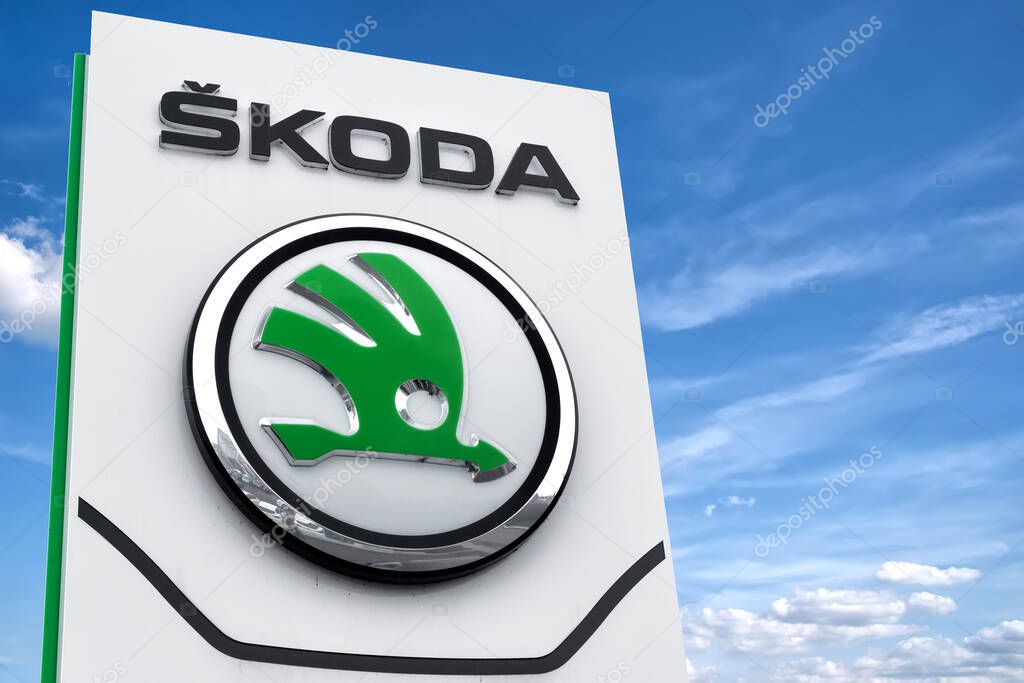 Koblenz, Germany, 01.31.2021: Skoda dealership sign in front of the showroom. Skoda is a Czech automobile manufacturer and wholly owned subsidiary of the Volkswagen Group.