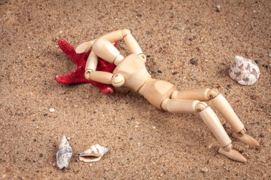 Sahilde deniz kabukları ve deniz yıldızlarının arasında yatan tahta bir manken.
