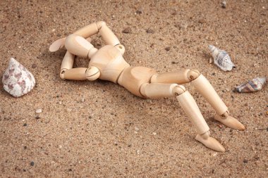 Sahilde deniz kabuklarının arasında yatan tahta bir manken.