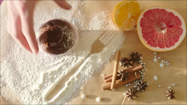 Still-Life with Chocolate Muffins, Fresh Fruit and Cinnamon Sticks — Stok Video