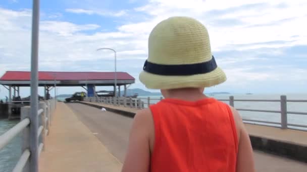 Pequeño niño diligentemente va en el muelle — Vídeo de stock