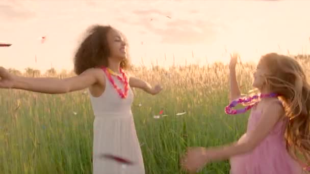 Chicas jóvenes bailando en el campo de trigo y atrapando alegremente la lluvia de confeti al atardecer — Vídeos de Stock