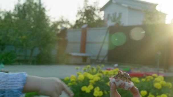 Moeder en zoon eten een gebak — Stockvideo