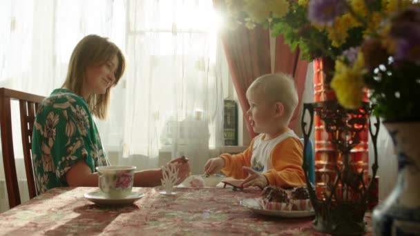 Little Boy Feeding Himself with Fork — Stock Video