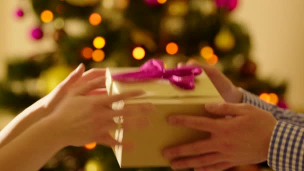 Hombre dando regalo de Navidad a la mujer — Vídeo de stock