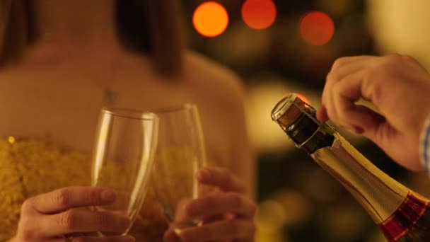 Opening Champagne fles voor Kerstmis — Stockvideo