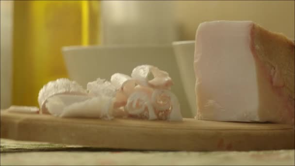 Piece and Slices of Salted Pork Fat Salo — Stock Footage Piece and Slices of Salted Pork Fat Salo Stock Footage