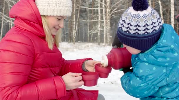 Madre e hijo bebiendo té del termo al aire libre — Vídeos de Stock
