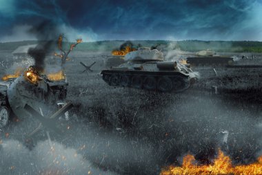 Yanan alandaki savaş tankları