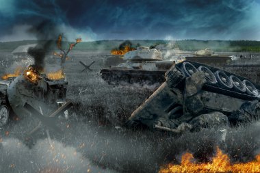 Yanan alandaki savaş tankları