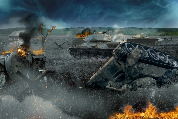 Batalha de tanques no campo queimado — Fotografia de Stock