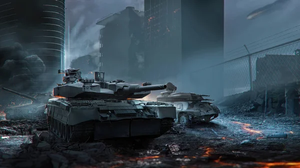 破壊された都市の間で戦車。3Dレンダリング — ストック写真