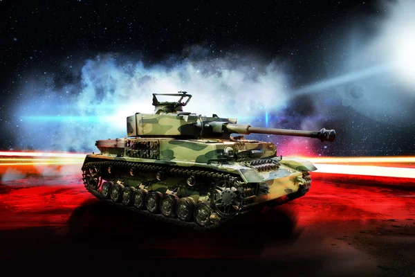 German tank on night road lit by bright light — Stock Photo, Image