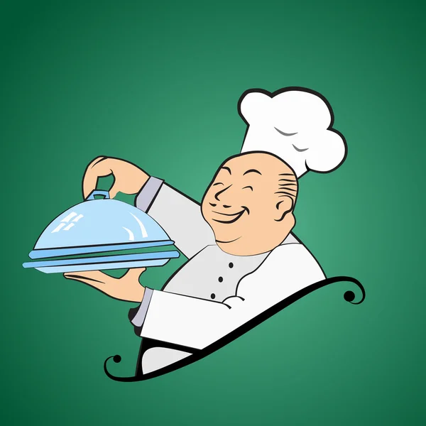 Chef gordo divertido sostiene un plato — Vector de stock