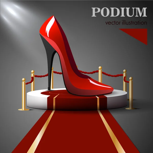 Red shoes with heels standing on the podium — Stock Vector