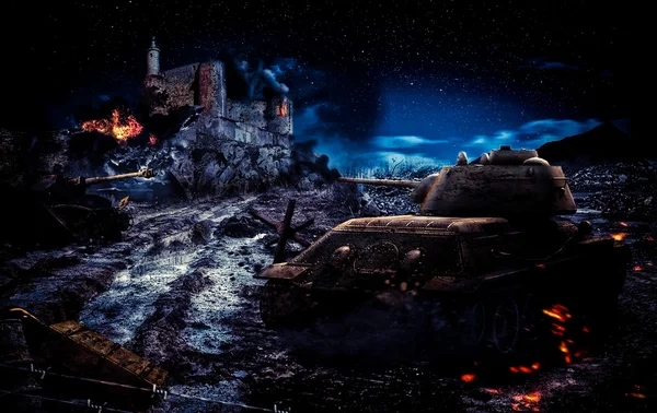 Savaş tankı sahne gece gökyüzü ışığında — Stok fotoğraf