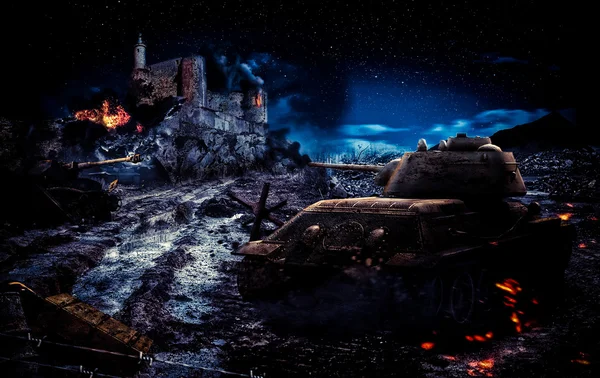 Savaş tankı sahne gece gökyüzü ışığında