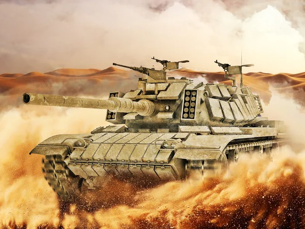 Battle Tank moves in the hot desert — Stock Photo, Image