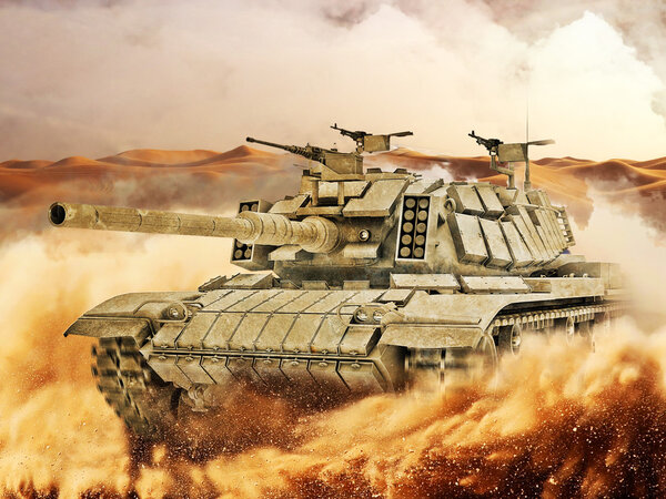 Battle Tank moves in the hot desert