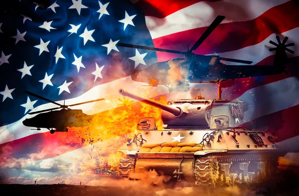 Tanks and helicopters in the background of the flag — Stock Photo, Image