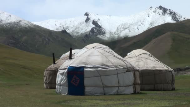 キルギスの山の中にあるユルトキャンプ. — ストック動画