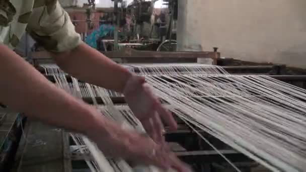 Woman sorts silk lines — Stock Video