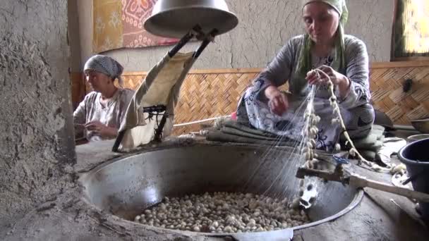 Women unravelling silk cocoons — Stock Video