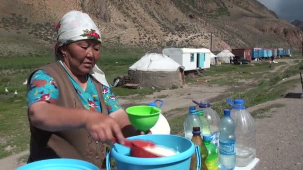 Een dame giet de nationale drank kymyz — Stockvideo