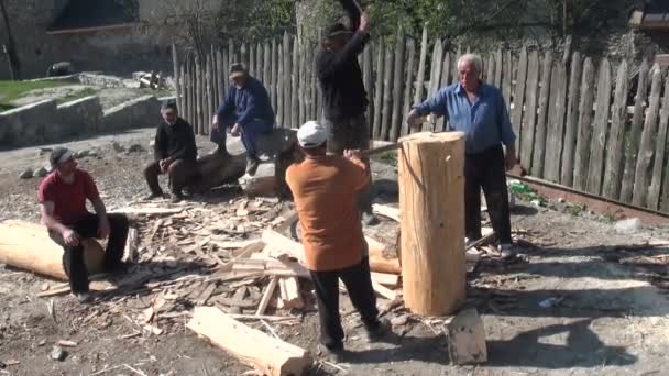 Los hombres están cortando trozos grandes — Vídeo de stock