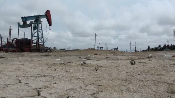Osioł olejowy jest kiwając w suchym polu — Wideo stockowe