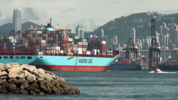 Container ship leaves Hong Kong harbor. — Stock Video