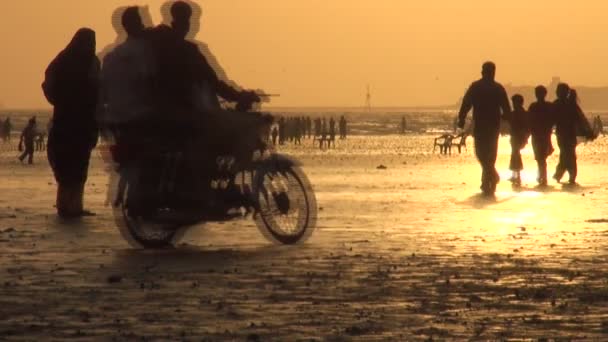 Lidé na pláži při západu slunce — Stock video