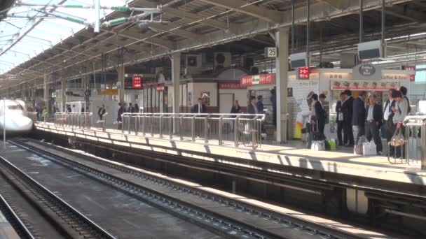 Shinkansen-Zug kommt im Bahnhof von Osaka an — Stockvideo