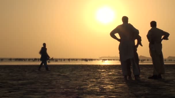 Mensen op het strand bij zonsondergang — Stockvideo