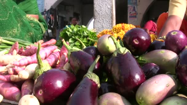 As pessoas vendem frutas e legumes — Vídeo de Stock