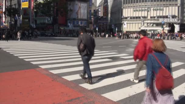 Orang-orang menyeberangi persimpangan Shibuya — Stok Video