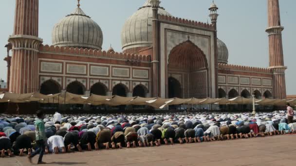 Мужчины принимают участие в молитвенной сессии в мечети — стоковое видео