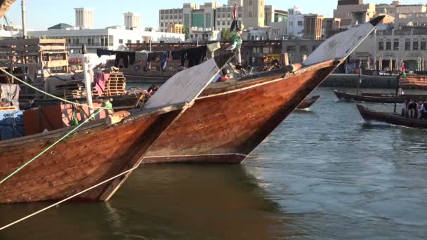 Tradiční dřevěná nákladní plavidla v Dubaji — Stock video
