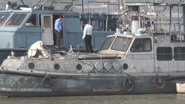 Customs speedboats anchored in river — Stock Video