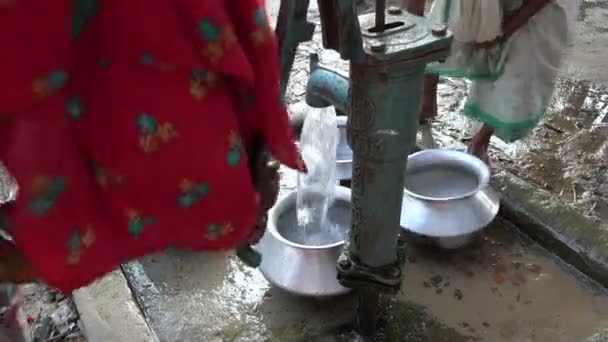 Woman fill buckets with water — Stock Video