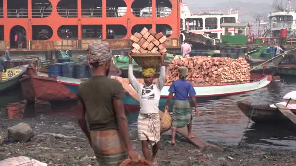 Trabalhadores carrega uma cesta pesada de tijolos — Vídeo de Stock