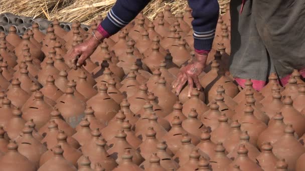 Femme pose des pots pour sécher au soleil — Video