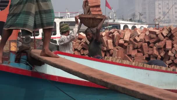 Trabalhadores carrega uma cesta pesada de tijolos — Vídeo de Stock