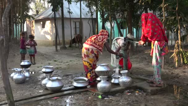 Les femmes nettoient les bols à une pompe à eau — Video