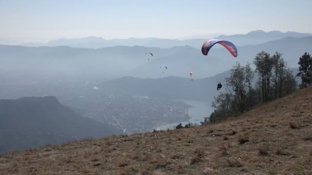 Paragliders opstijgen van een berghelling — Stockvideo