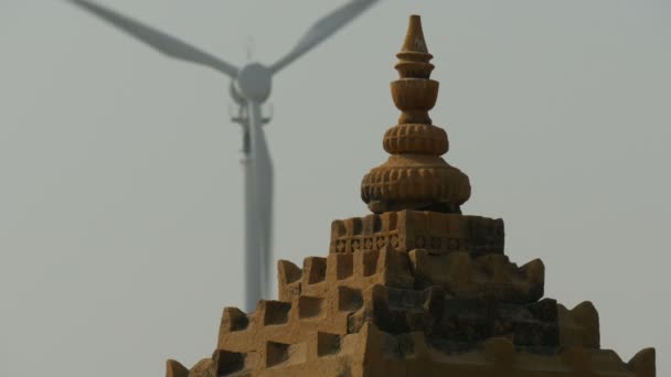 Wind farms behind an ancient monument — Stock Video