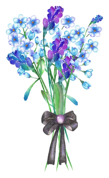 O ilustrație cu un buchet de flori frumoase de acuarelă albastru uita-ma-nu (Myosotis), flori de lavandă și spikelets, decorate cu un arc — Fotografie, imagine de stoc
