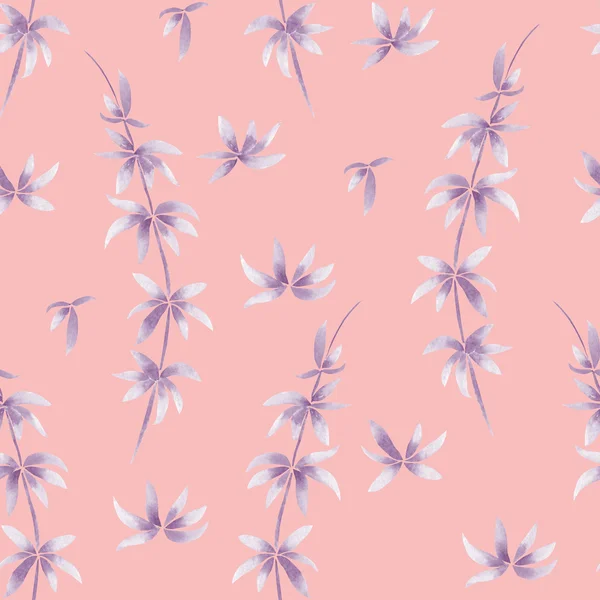 A seamless pattern with the watercolor violet branches on a pink background — Stock Photo, Image